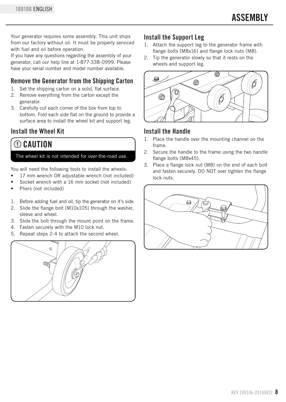 Assembly, Caution, Remove the generator from the shipping carton | Install the wheel kit, Install the support leg, Install the handle | Champion Power Equipment 100106 User Manual | Page 11 / 30