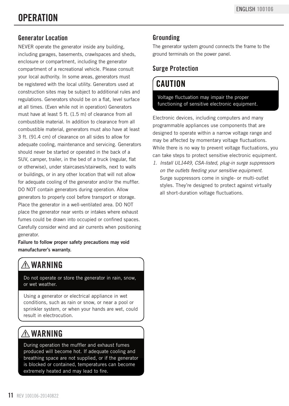 Operation, Warning, Caution | Champion Power Equipment 100106 User Manual | Page 14 / 30