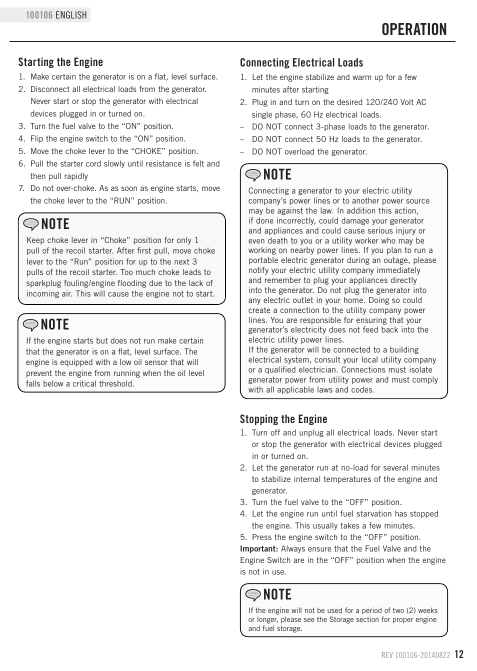 Operation, Connecting electrical loads, Stopping the engine | Starting the engine | Champion Power Equipment 100106 User Manual | Page 15 / 30