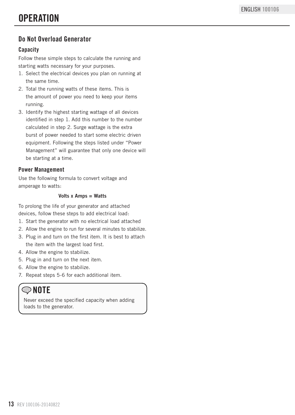 Operation, Do not overload generator | Champion Power Equipment 100106 User Manual | Page 16 / 30