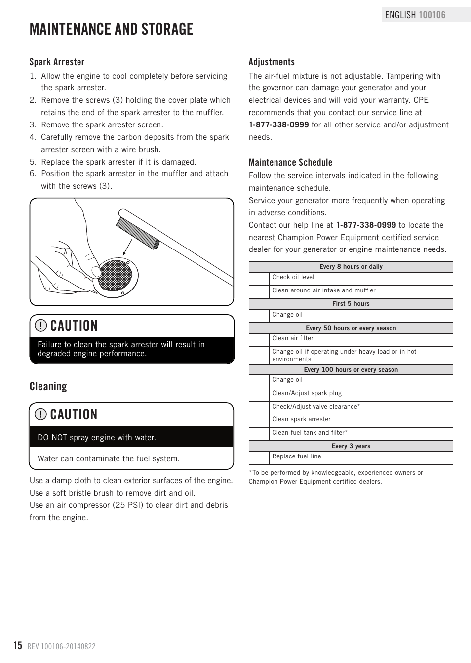 Maintenance and storage, Caution, Cleaning | Champion Power Equipment 100106 User Manual | Page 18 / 30