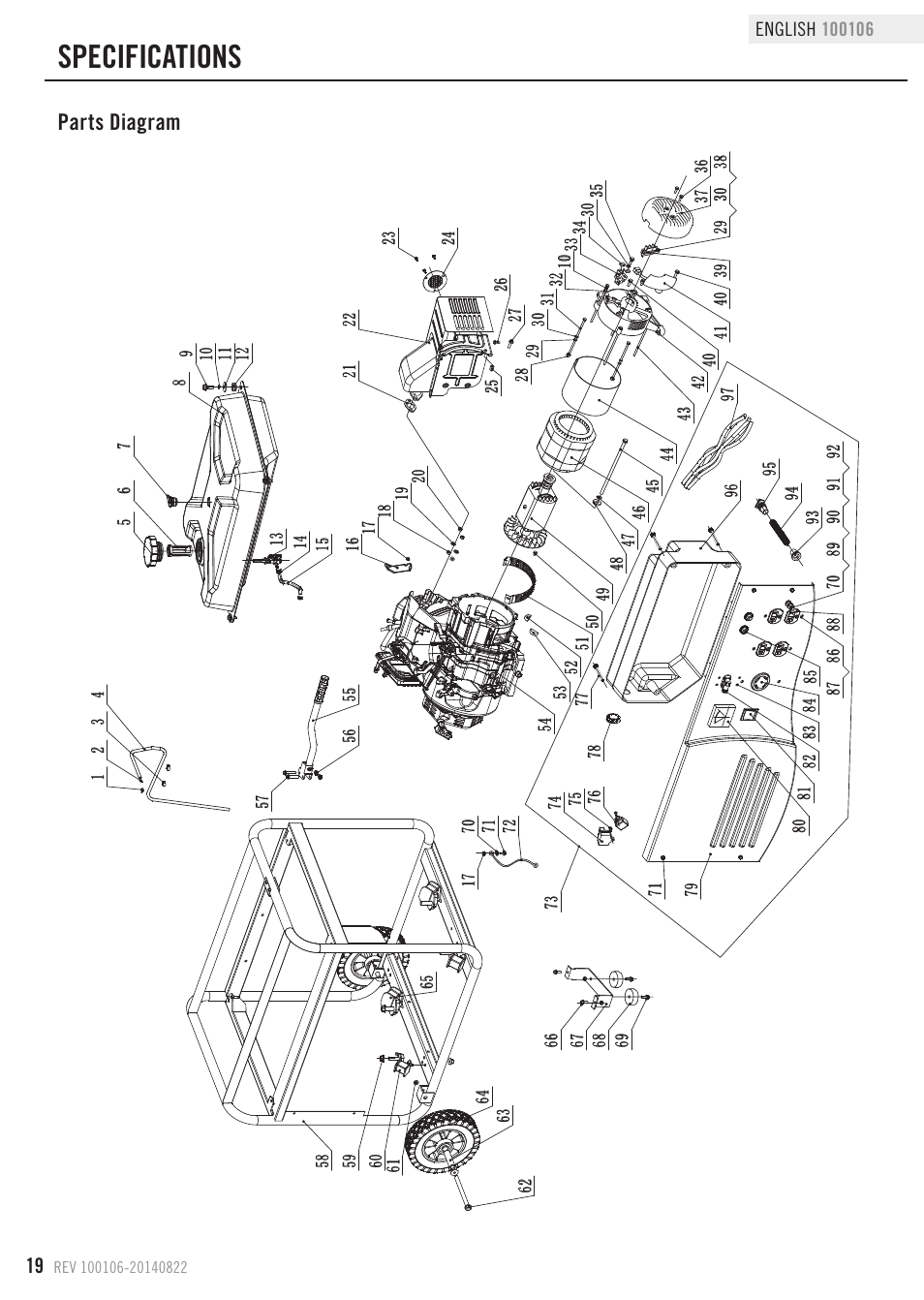 Specifications, Parts diagram | Champion Power Equipment 100106 User Manual | Page 22 / 30