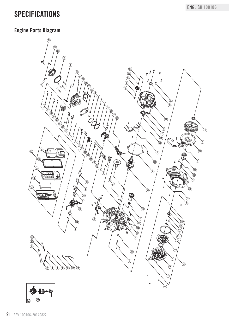 Specifications, Engine parts diagram | Champion Power Equipment 100106 User Manual | Page 24 / 30