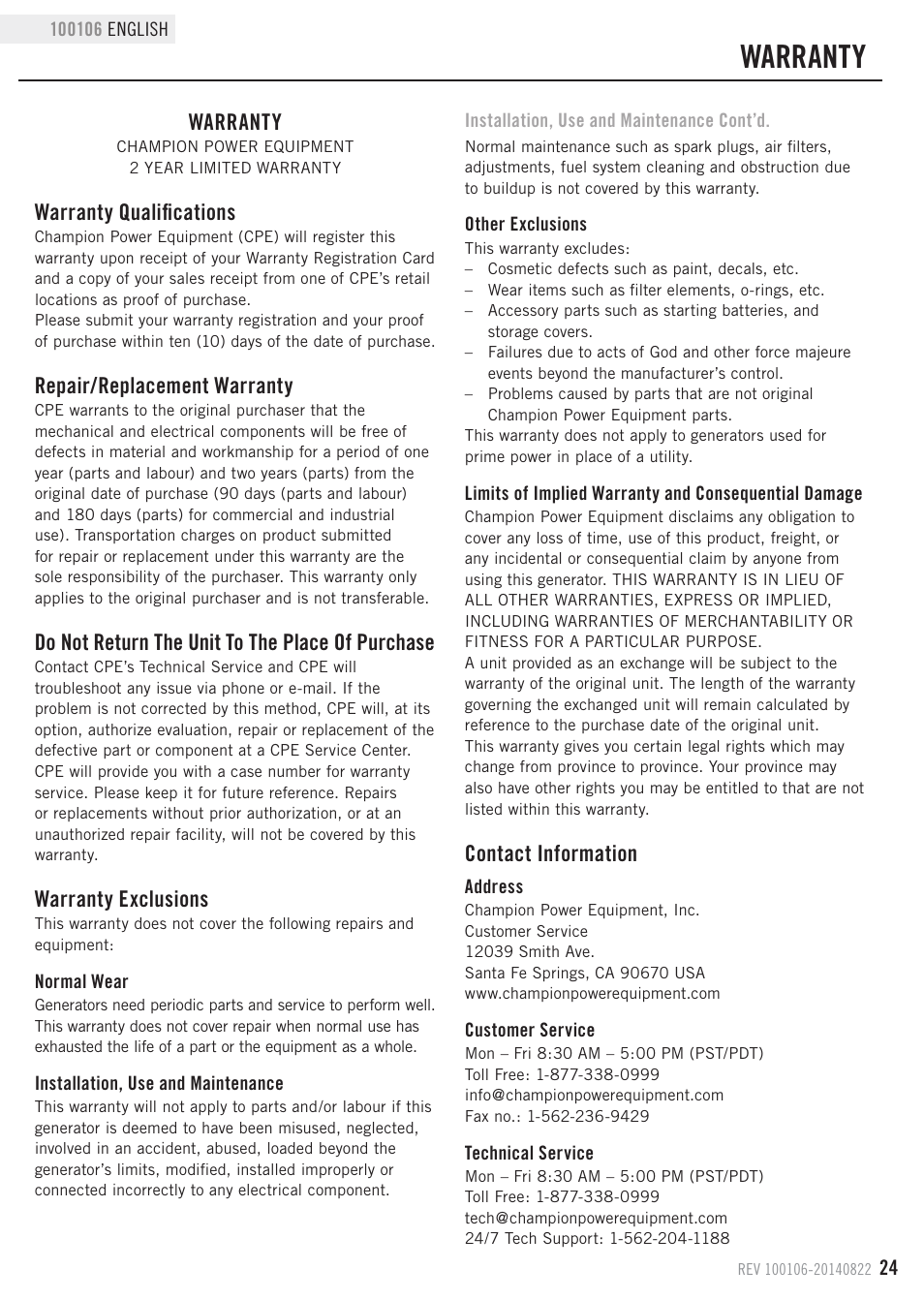 Warranty, Warranty qualifications, Repair/replacement warranty | Do not return the unit to the place of purchase, Warranty exclusions, Contact information | Champion Power Equipment 100106 User Manual | Page 27 / 30