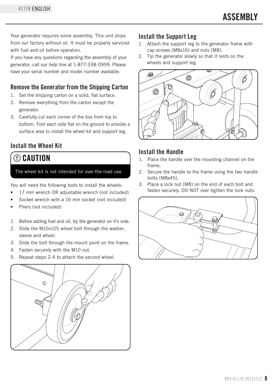 Assembly, Caution, Remove the generator from the shipping carton | Install the wheel kit, Install the support leg, Install the handle | Champion Power Equipment 41119 User Manual | Page 11 / 30