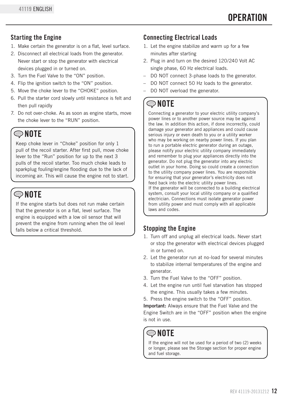 Operation, Connecting electrical loads, Stopping the engine | Starting the engine | Champion Power Equipment 41119 User Manual | Page 15 / 30