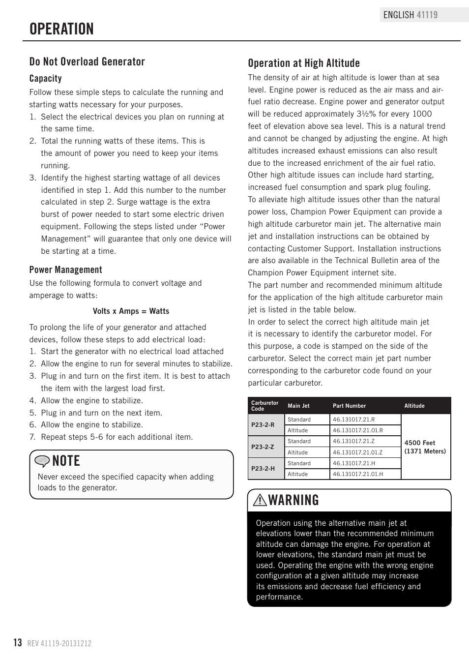 Operation, Warning, Do not overload generator | Operation at high altitude | Champion Power Equipment 41119 User Manual | Page 16 / 30