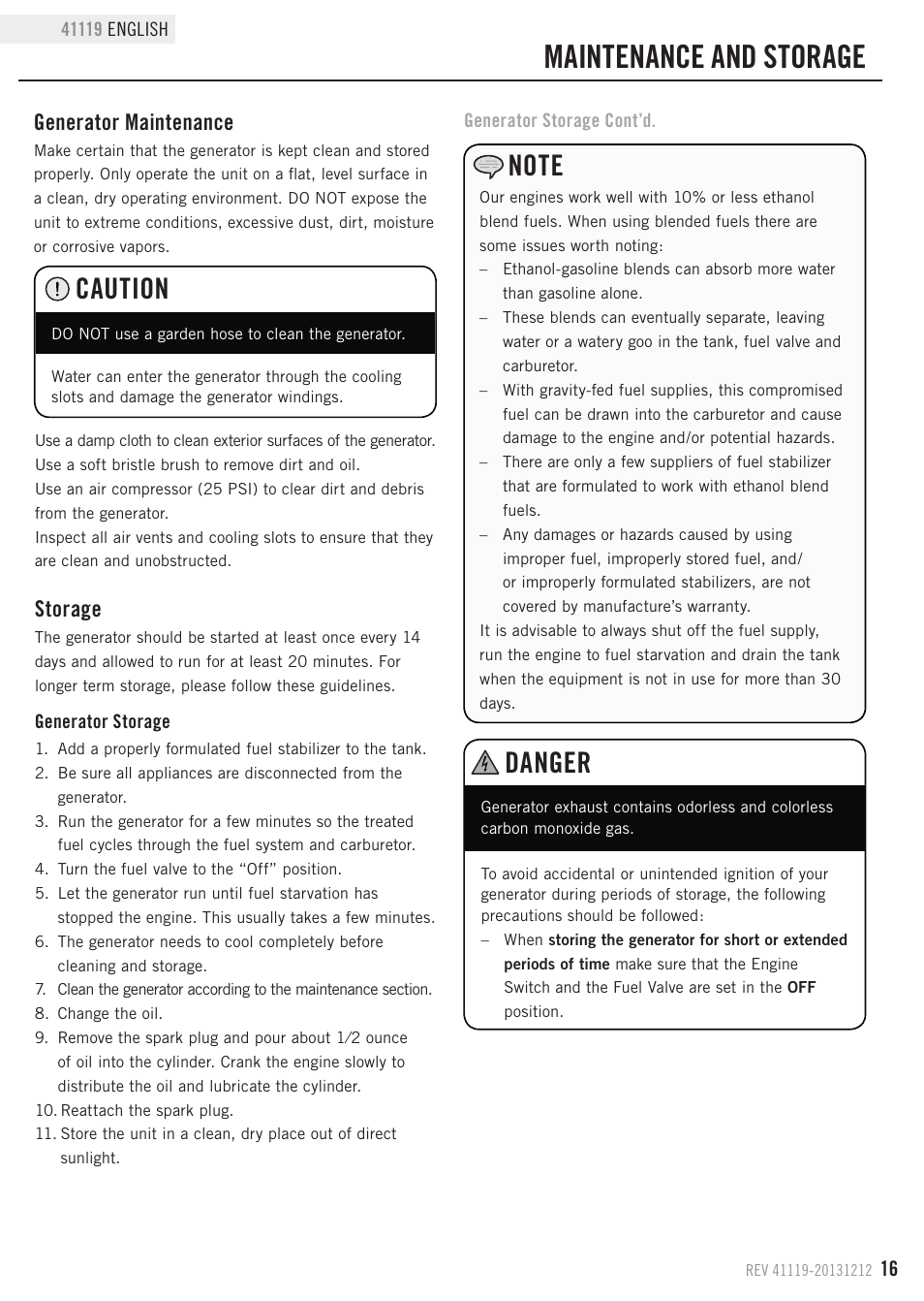 Maintenance and storage, Caution, Danger | Generator maintenance, Storage | Champion Power Equipment 41119 User Manual | Page 19 / 30