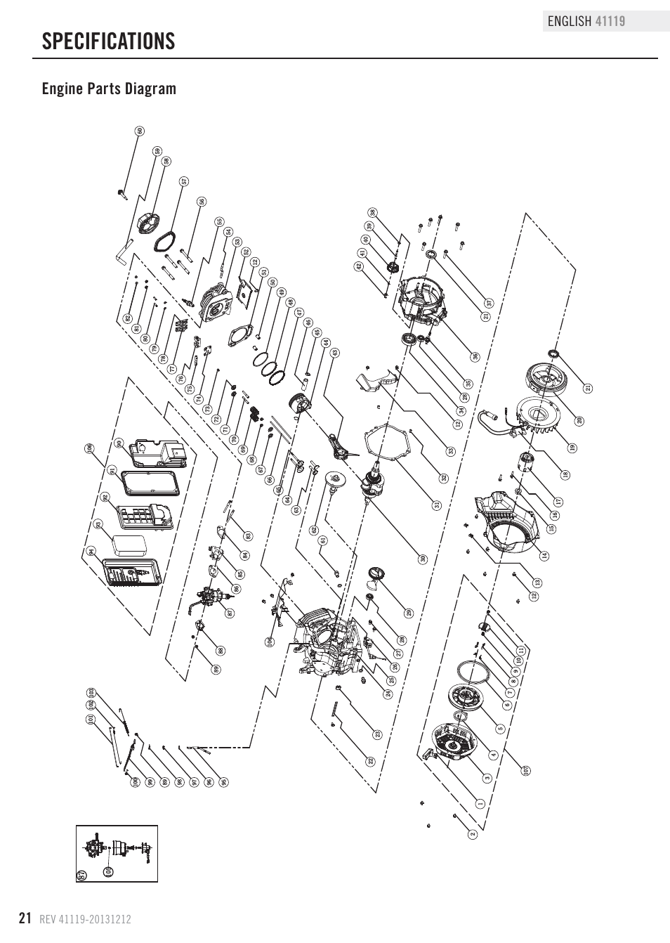 Specifications, Engine parts diagram | Champion Power Equipment 41119 User Manual | Page 24 / 30