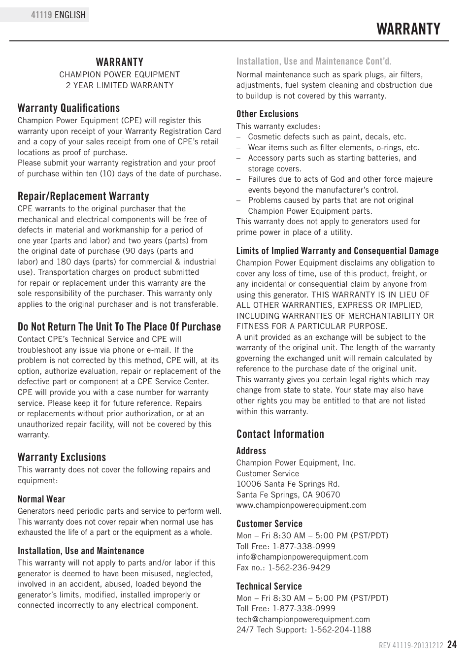 Warranty, Warranty qualifications, Repair/replacement warranty | Do not return the unit to the place of purchase, Warranty exclusions, Contact information | Champion Power Equipment 41119 User Manual | Page 27 / 30