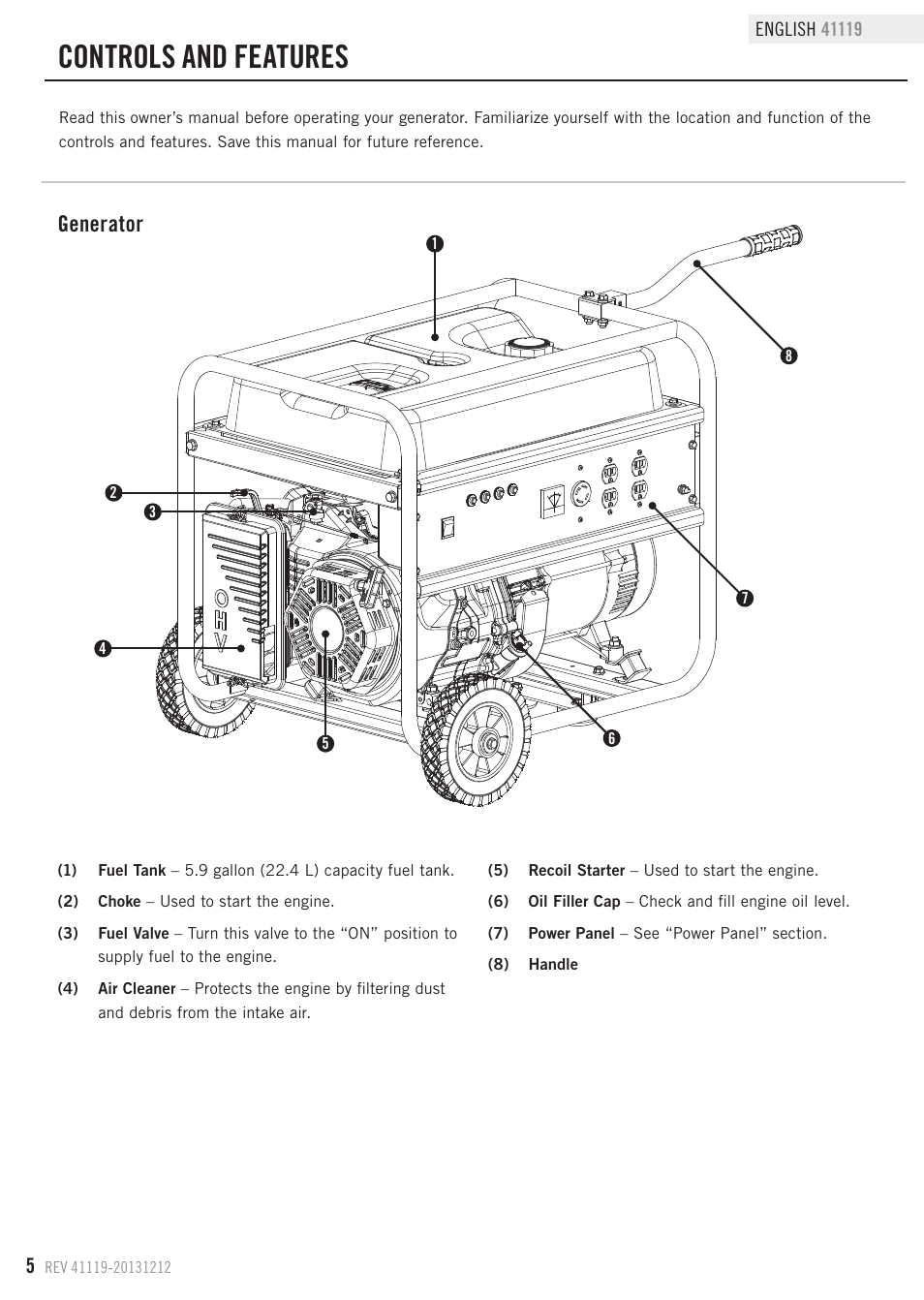 Controls and features, Generator | Champion Power Equipment 41119 User Manual | Page 8 / 30