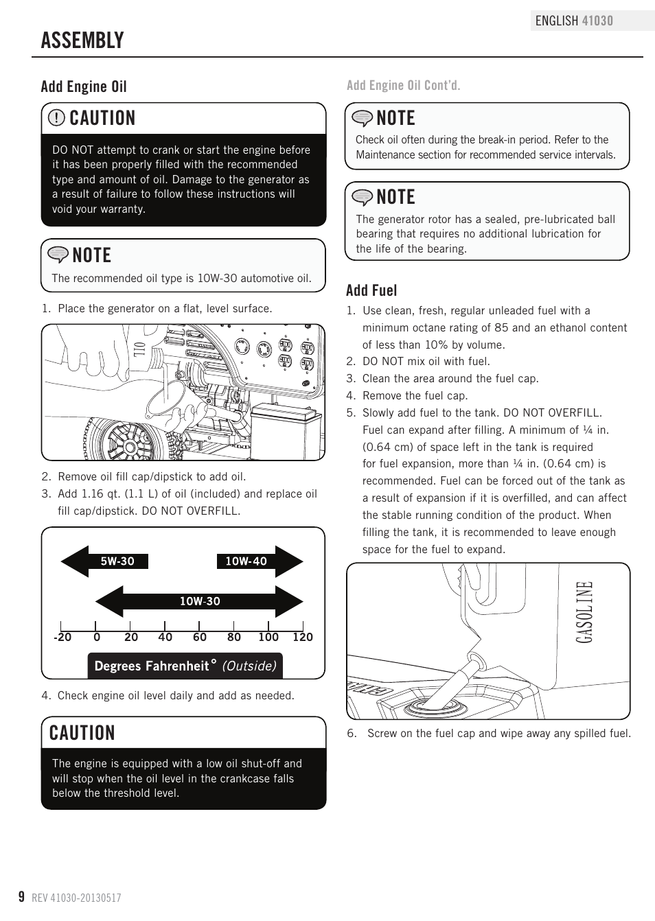 Gas oli ne, Assembly, Caution | Champion Power Equipment 41030 User Manual | Page 12 / 29