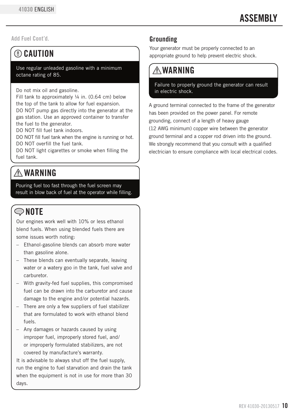 Assembly, Warning, Caution | Grounding | Champion Power Equipment 41030 User Manual | Page 13 / 29