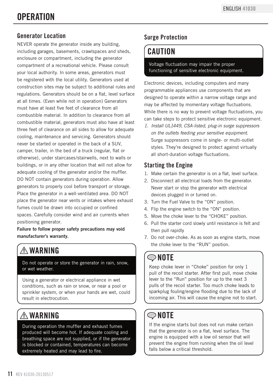 Operation, Warning, Caution | Champion Power Equipment 41030 User Manual | Page 14 / 29