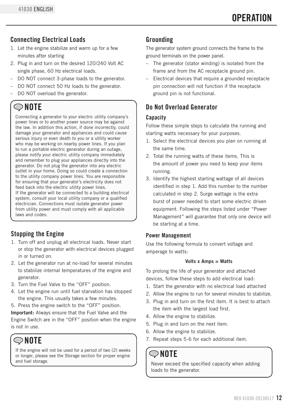 Operation, Grounding, Connecting electrical loads | Stopping the engine, Do not overload generator | Champion Power Equipment 41030 User Manual | Page 15 / 29