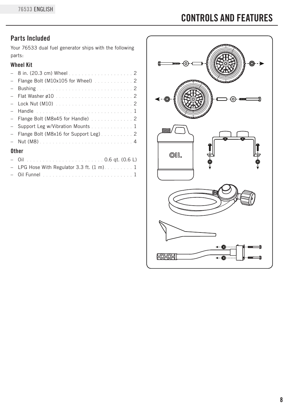 Controls and features, Parts included | Champion Power Equipment 76533 User Manual | Page 11 / 33