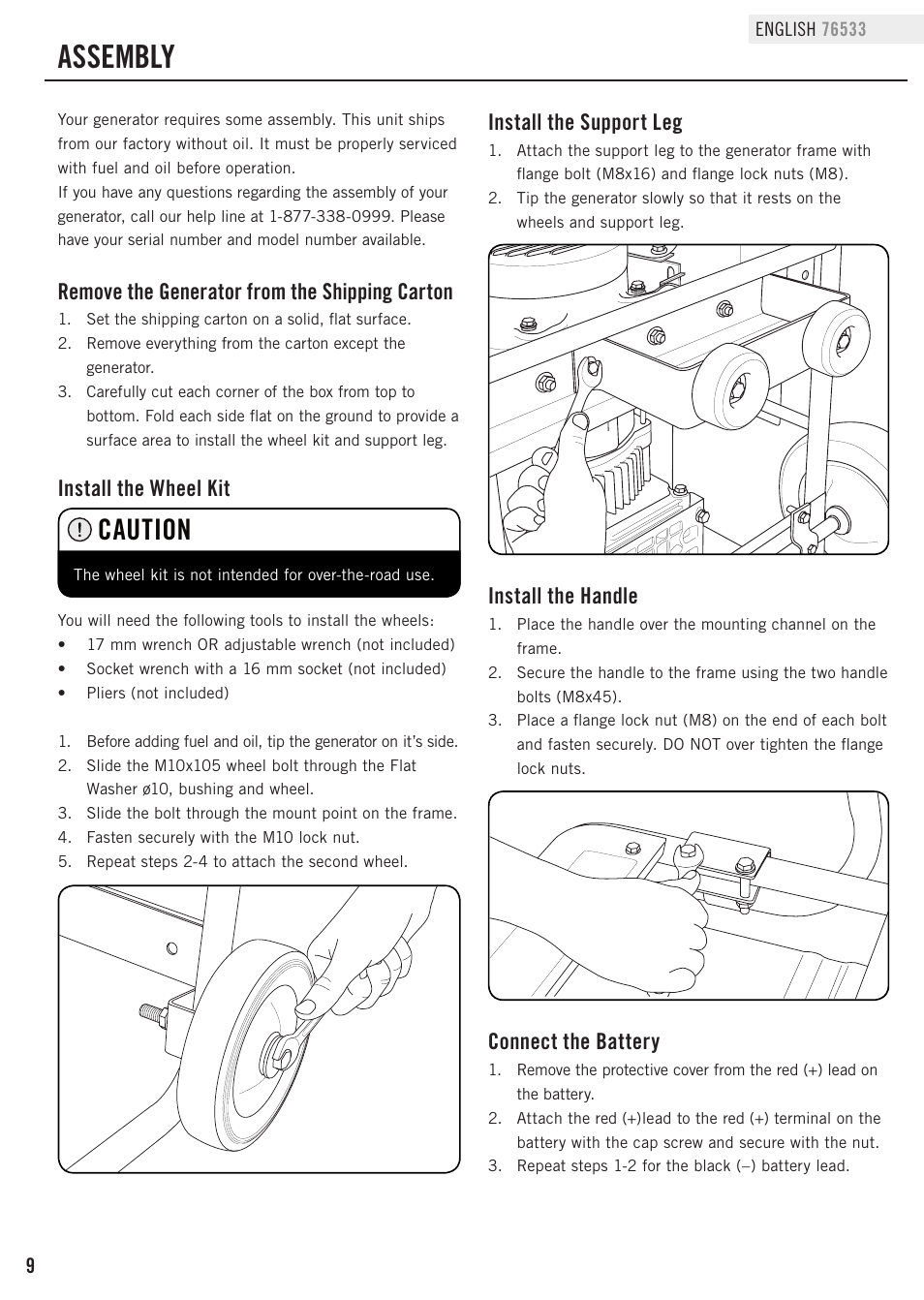 Assembly, Caution, Remove the generator from the shipping carton | Install the wheel kit, Install the support leg, Connect the battery, Install the handle | Champion Power Equipment 76533 User Manual | Page 12 / 33