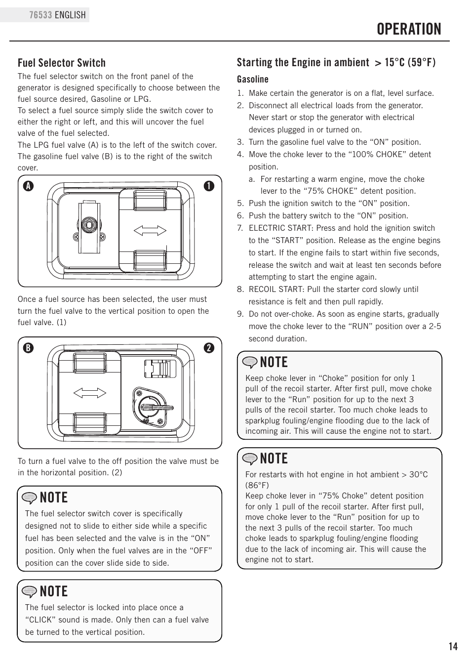 Operation, Fuel selector switch, Starting the engine in ambient > 15°c (59°f) | Champion Power Equipment 76533 User Manual | Page 17 / 33