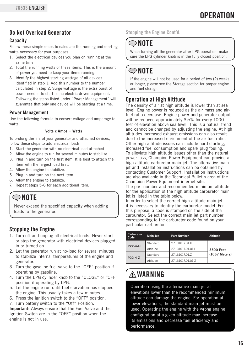 Operation, Warning, Do not overload generator | Operation at high altitude, Stopping the engine | Champion Power Equipment 76533 User Manual | Page 19 / 33