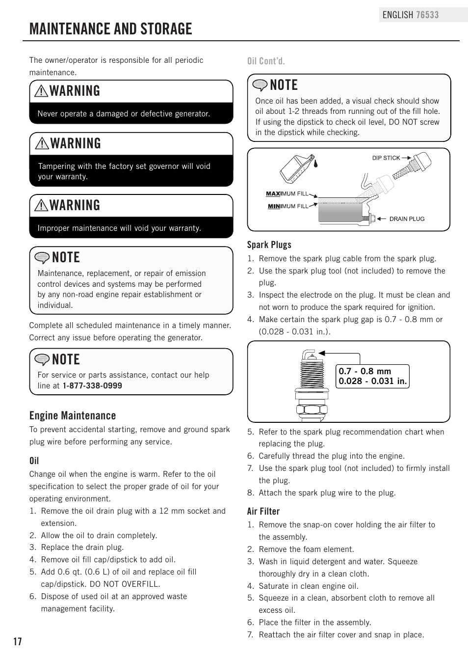 Maintenance and storage, Warning, Engine maintenance | Champion Power Equipment 76533 User Manual | Page 20 / 33