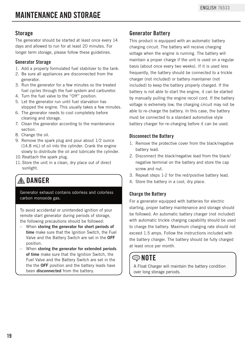 Maintenance and storage, Danger, Storage | Generator battery | Champion Power Equipment 76533 User Manual | Page 22 / 33