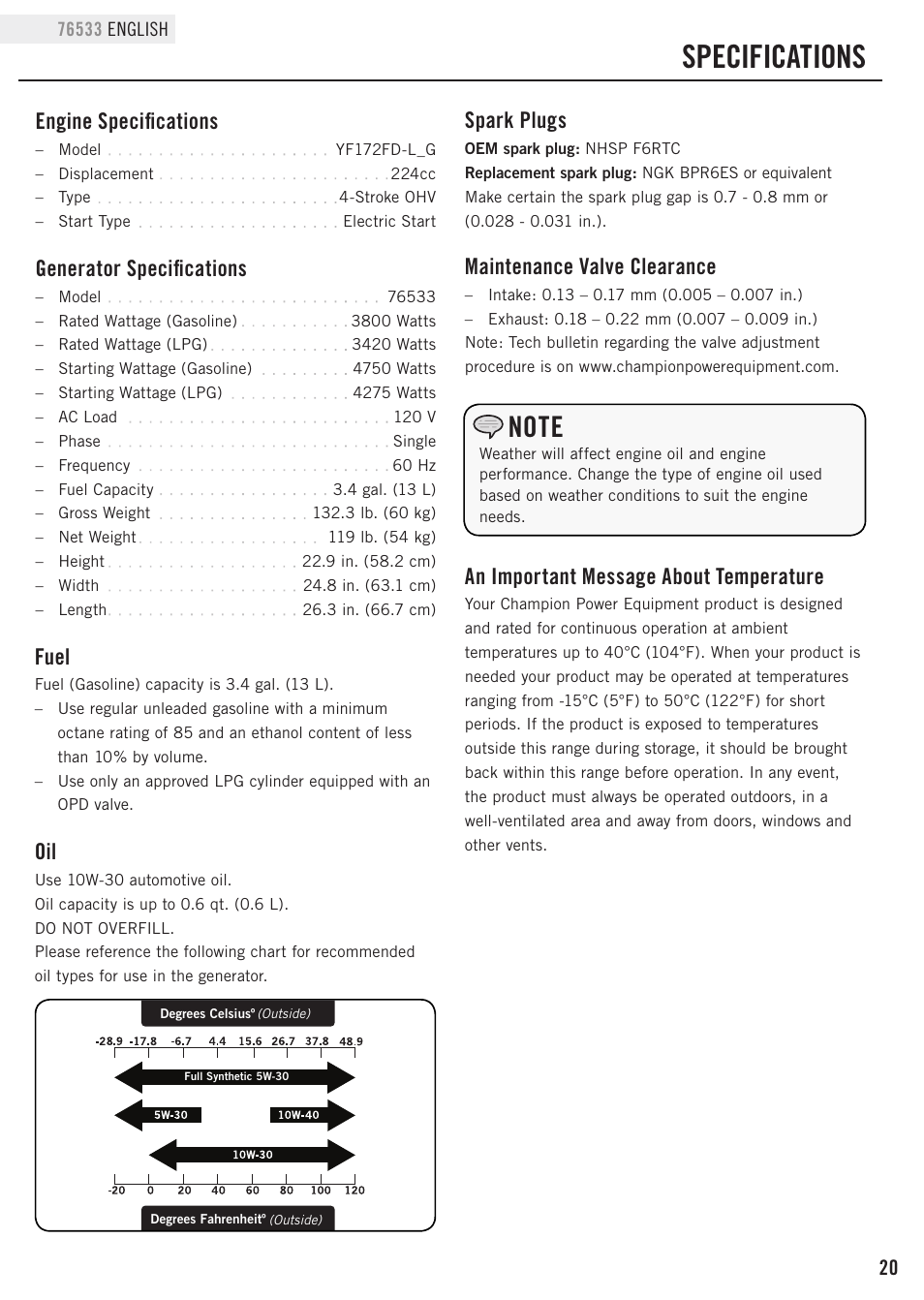 Specifications, Fuel, Engine specifications | Generator specifications, Maintenance valve clearance, Spark plugs, An important message about temperature | Champion Power Equipment 76533 User Manual | Page 23 / 33