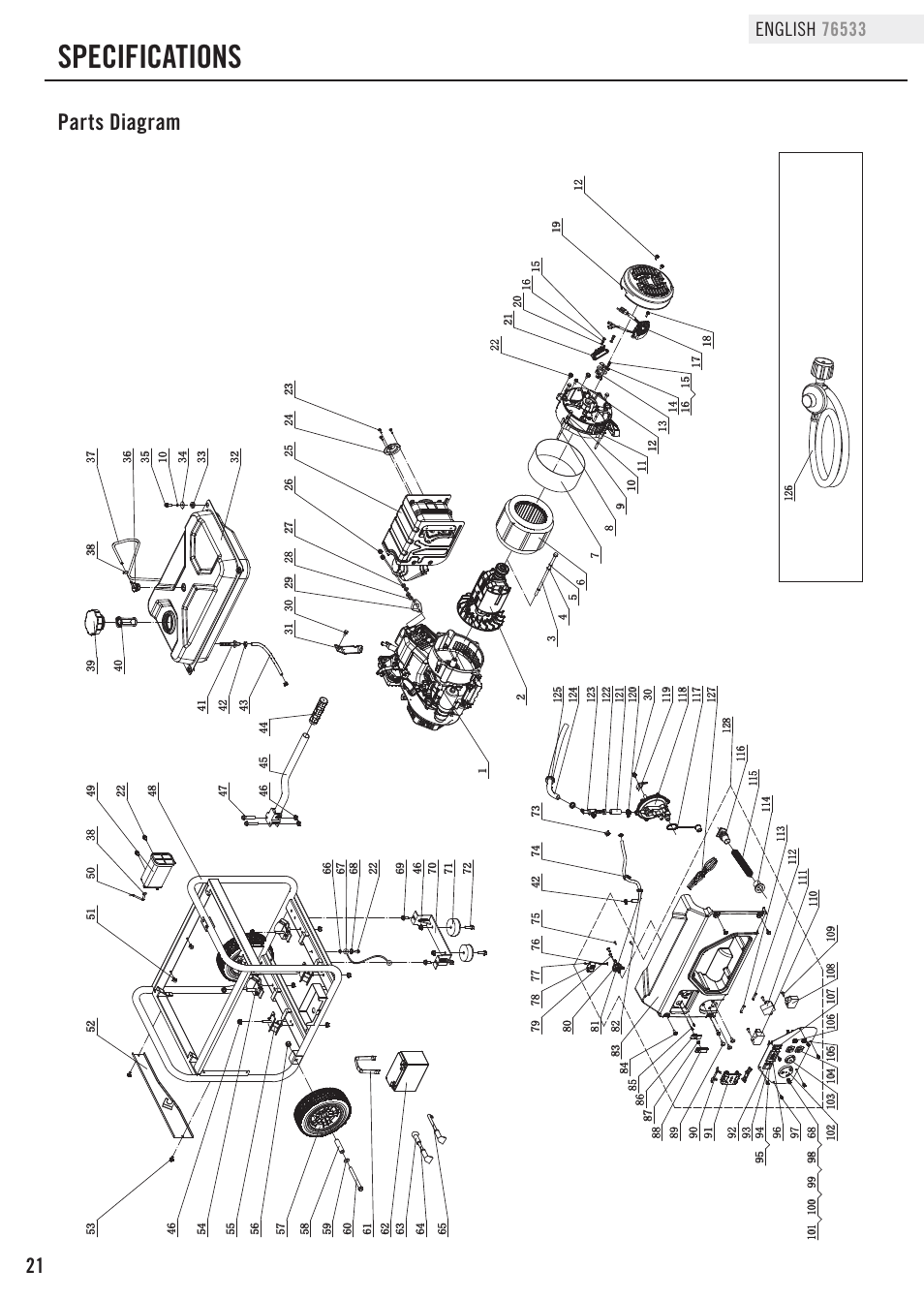 Specifications, Parts diagram | Champion Power Equipment 76533 User Manual | Page 24 / 33