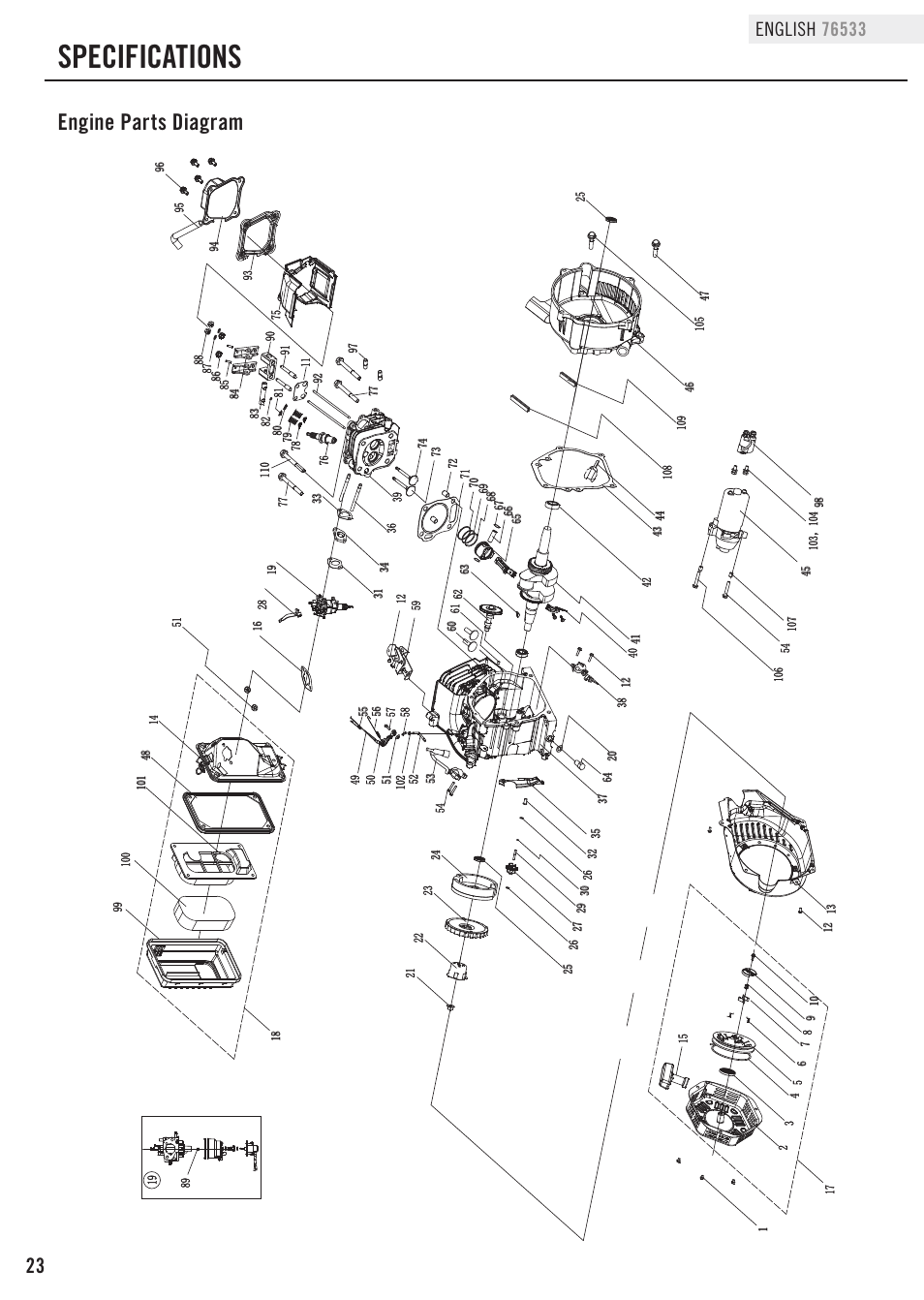 Specifications, Engine parts diagram | Champion Power Equipment 76533 User Manual | Page 26 / 33