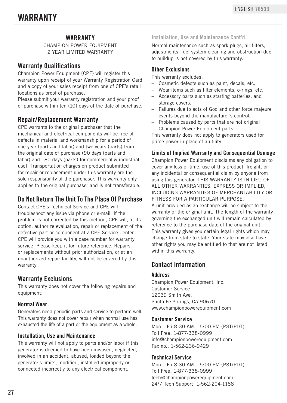 Warranty, Warranty qualifications, Repair/replacement warranty | Do not return the unit to the place of purchase, Warranty exclusions, Contact information | Champion Power Equipment 76533 User Manual | Page 30 / 33