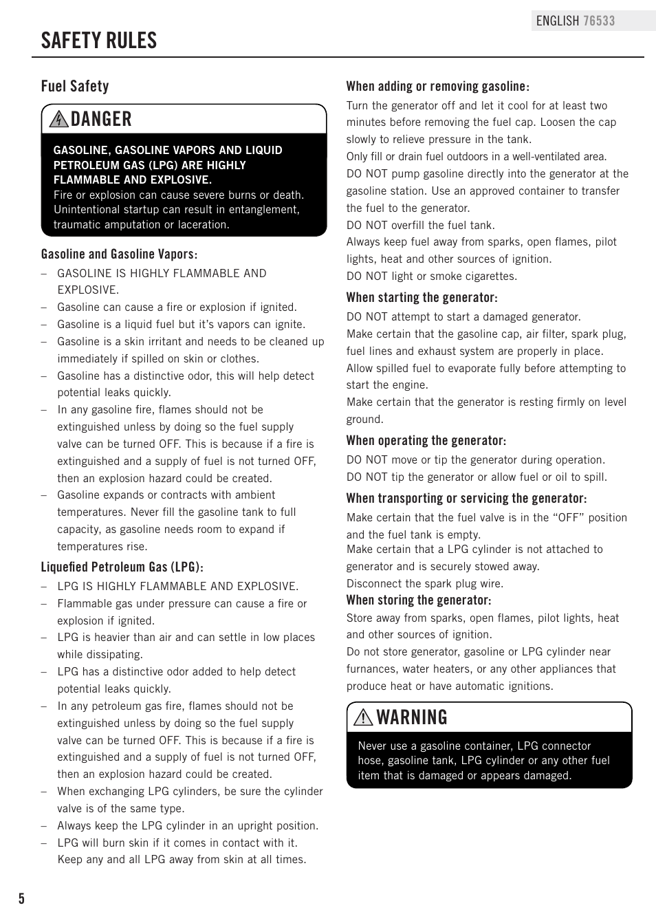 Safety rules, Danger, Warning | Fuel safety | Champion Power Equipment 76533 User Manual | Page 8 / 33