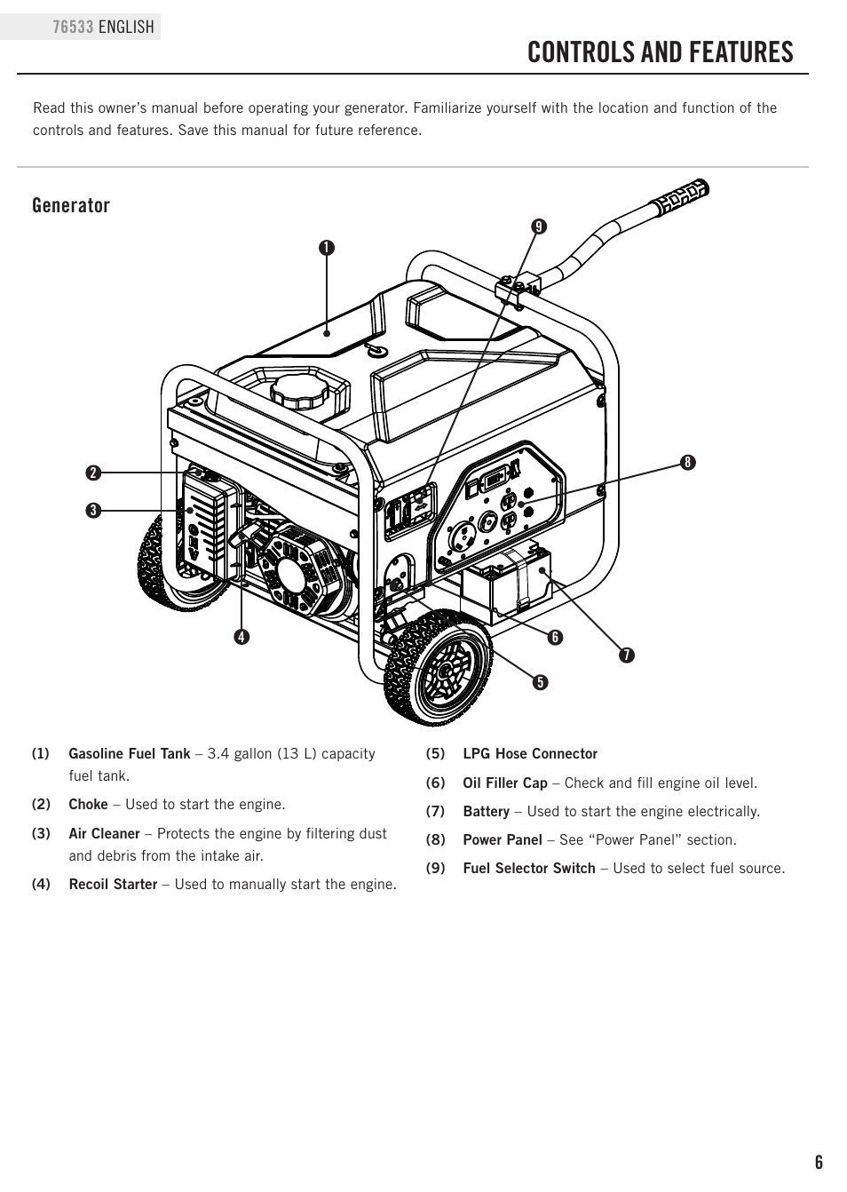 Controls and features, Generator | Champion Power Equipment 76533 User Manual | Page 9 / 33