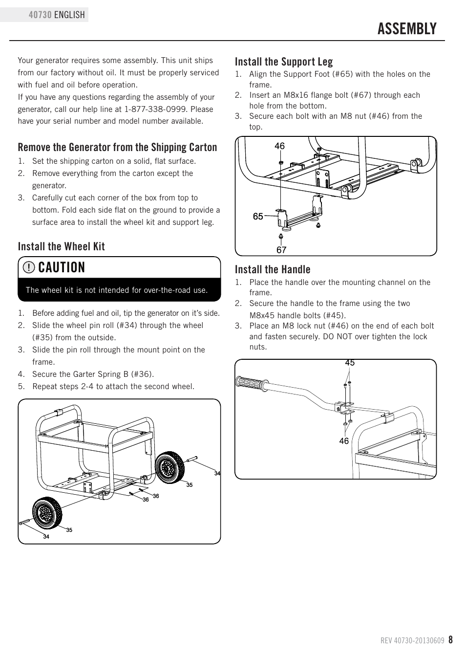 Assembly, Caution, Remove the generator from the shipping carton | Install the wheel kit, Install the support leg, Install the handle | Champion Power Equipment 40730 User Manual | Page 11 / 29