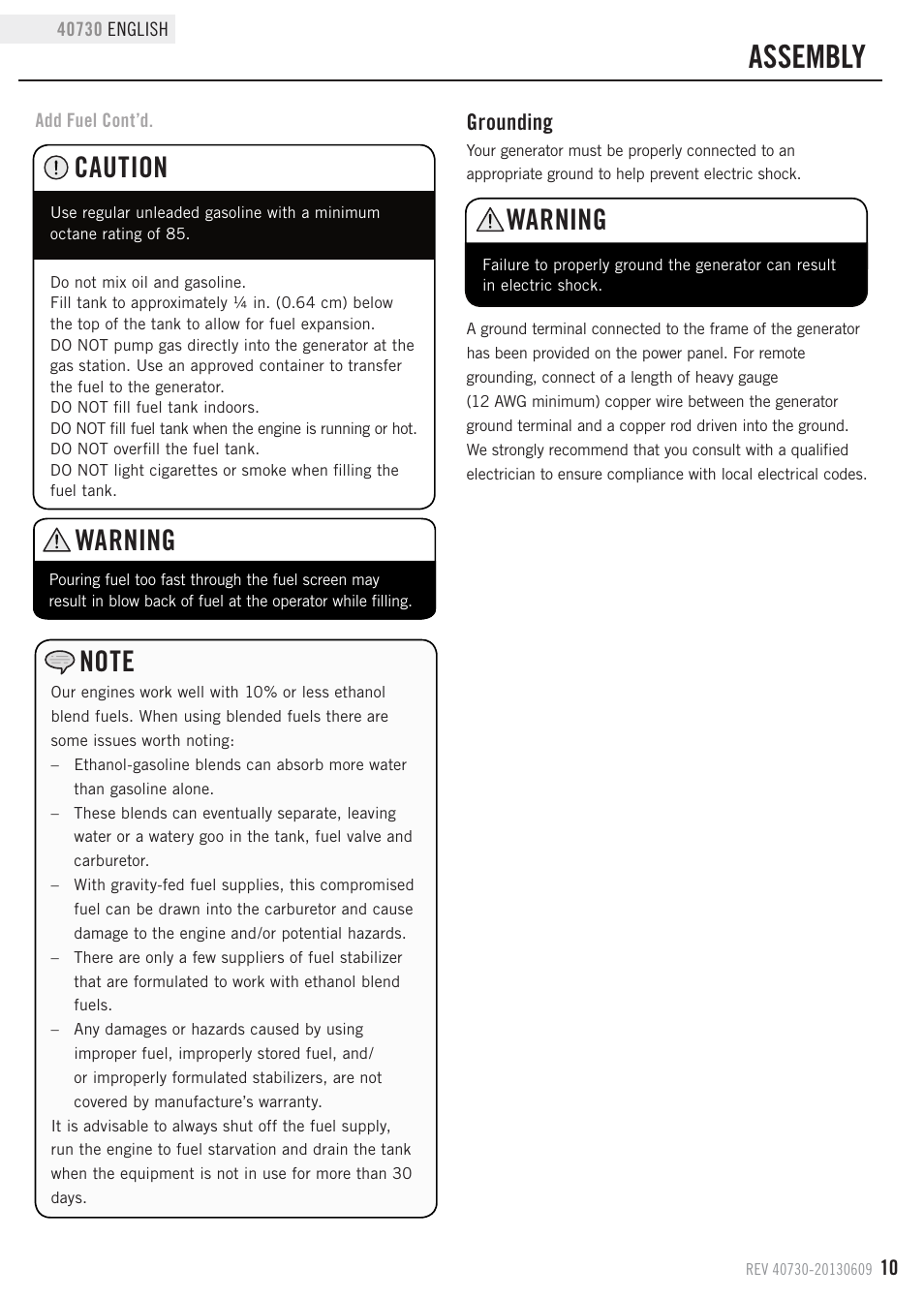 Assembly, Warning, Caution | Grounding | Champion Power Equipment 40730 User Manual | Page 13 / 29