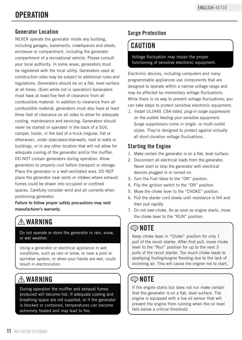 Operation, Warning, Caution | Champion Power Equipment 40730 User Manual | Page 14 / 29