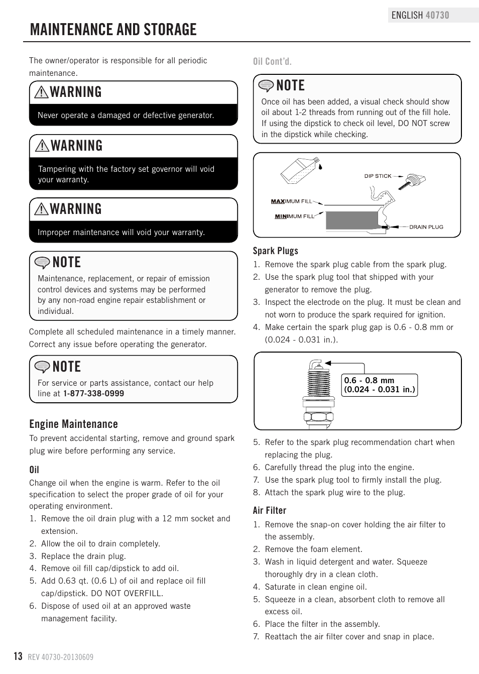 Maintenance and storage, Warning, Engine maintenance | Champion Power Equipment 40730 User Manual | Page 16 / 29