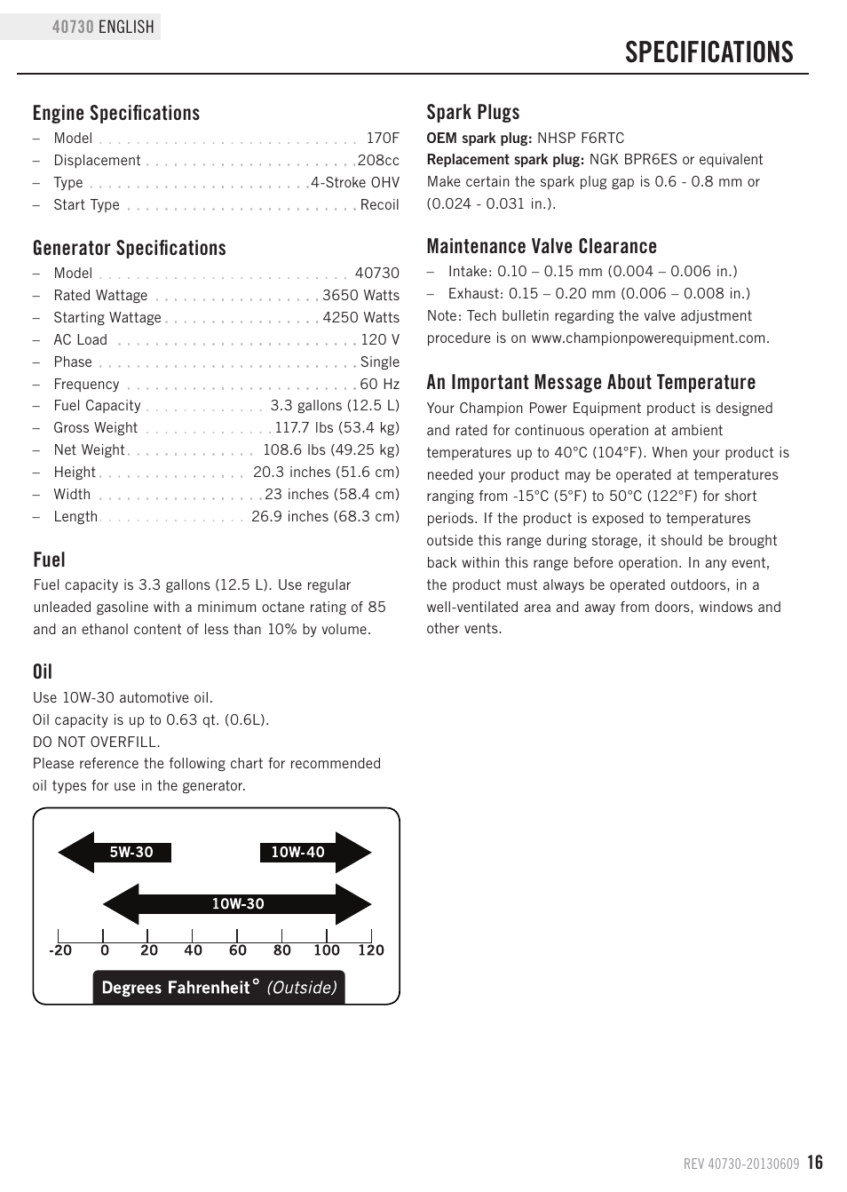 Specifications, Engine specifications, Generator specifications | Maintenance valve clearance, Spark plugs, Fuel, An important message about temperature | Champion Power Equipment 40730 User Manual | Page 19 / 29