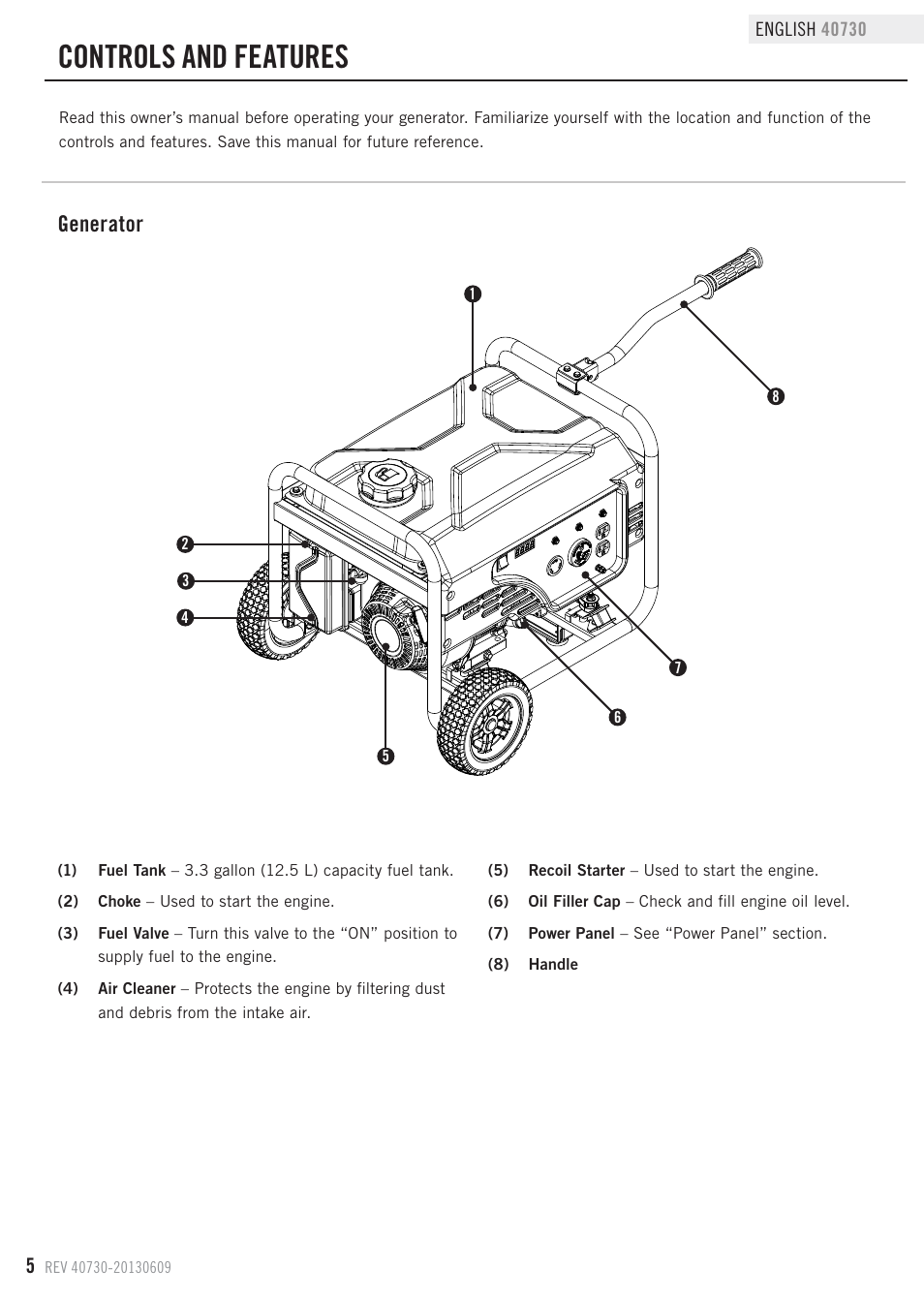 Controls and features, Generator | Champion Power Equipment 40730 User Manual | Page 8 / 29