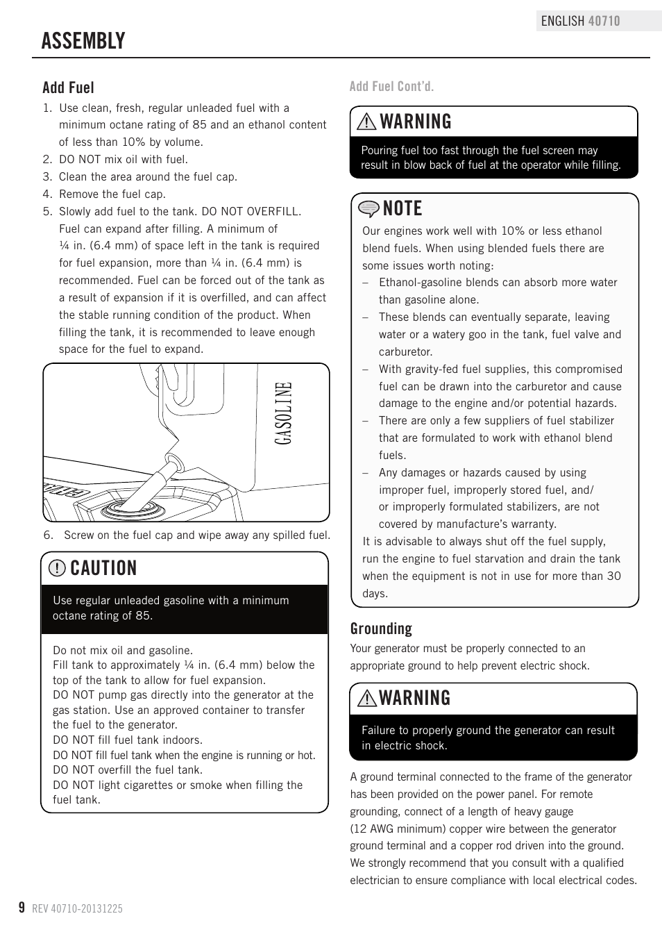 Assembly, Warning, Caution | Grounding, Add fuel | Champion Power Equipment 40710 User Manual | Page 12 / 29