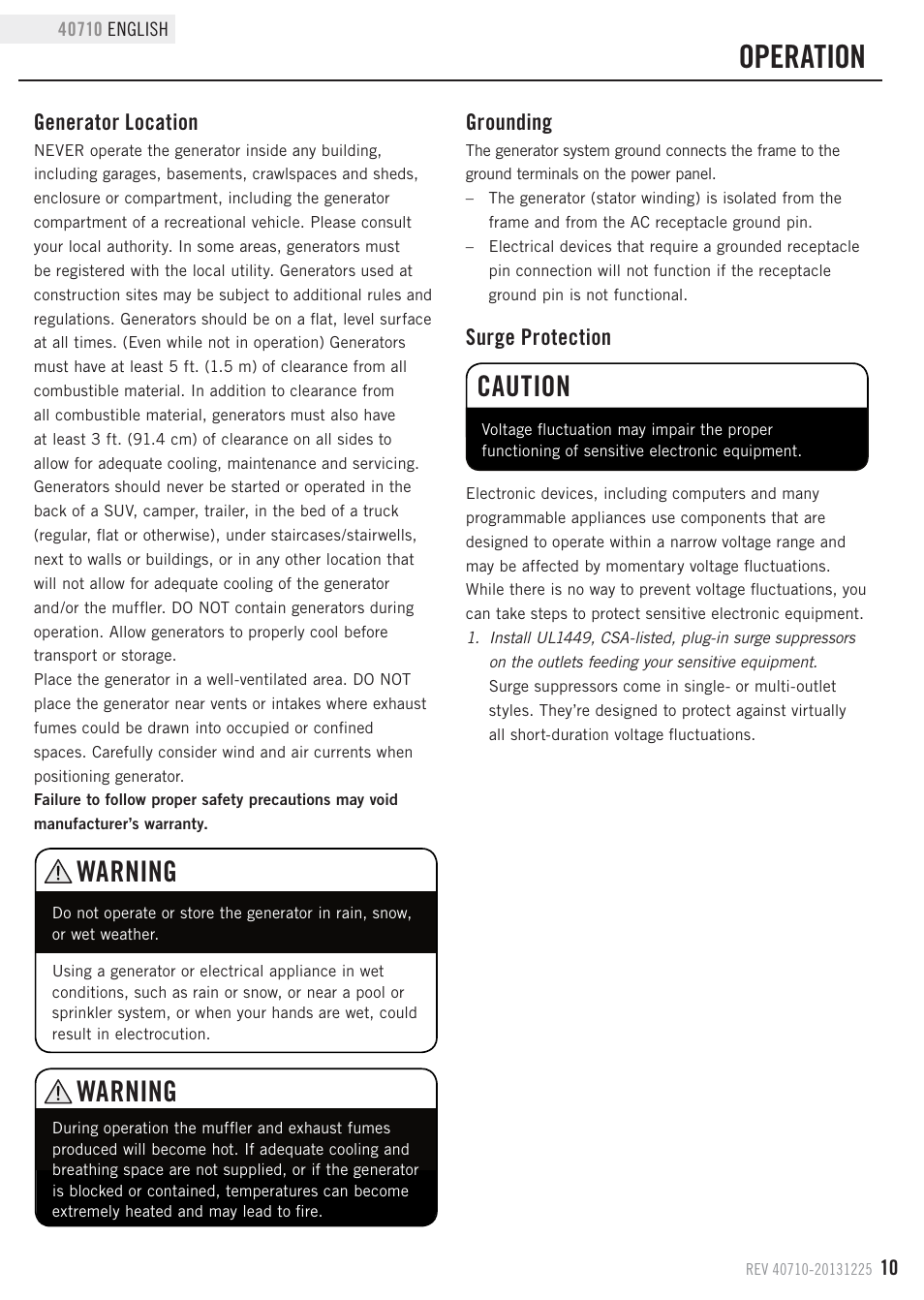 Operation, Warning, Caution | Generator location, Surge protection, Grounding | Champion Power Equipment 40710 User Manual | Page 13 / 29