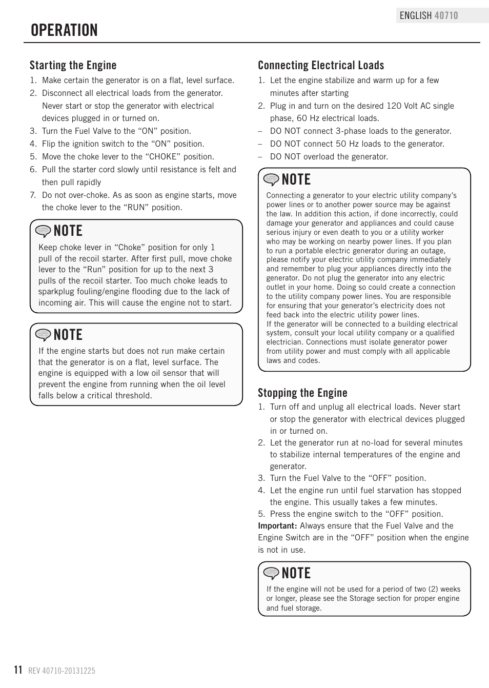 Operation, Connecting electrical loads, Stopping the engine | Starting the engine | Champion Power Equipment 40710 User Manual | Page 14 / 29