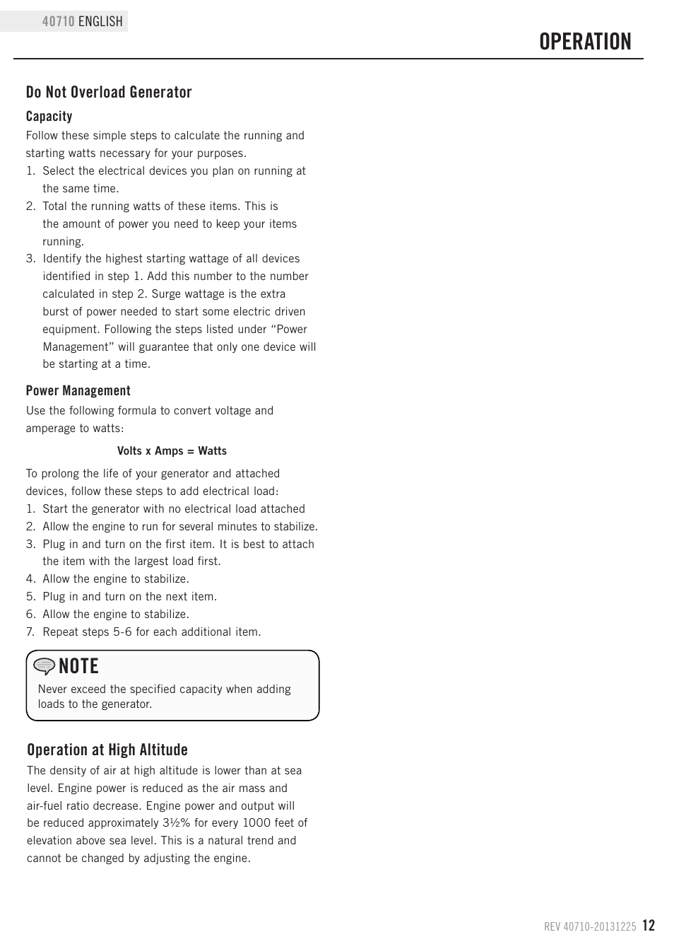 Operation, Do not overload generator, Operation at high altitude | Champion Power Equipment 40710 User Manual | Page 15 / 29