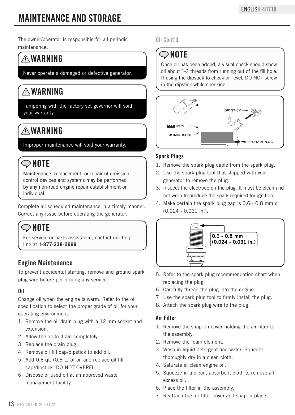 Maintenance and storage, Warning, Engine maintenance | Champion Power Equipment 40710 User Manual | Page 16 / 29