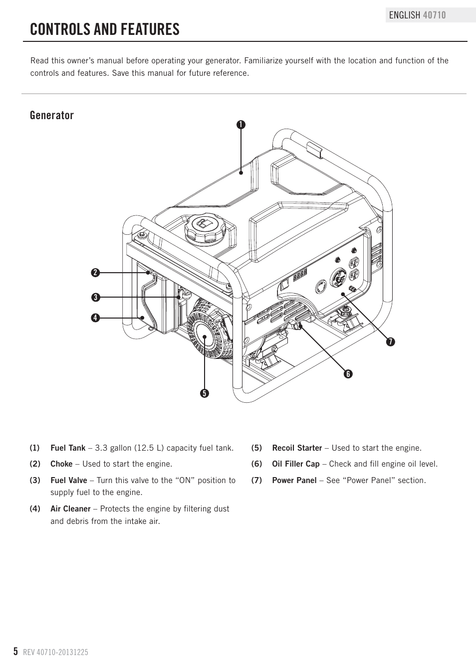 Controls and features, Generator | Champion Power Equipment 40710 User Manual | Page 8 / 29