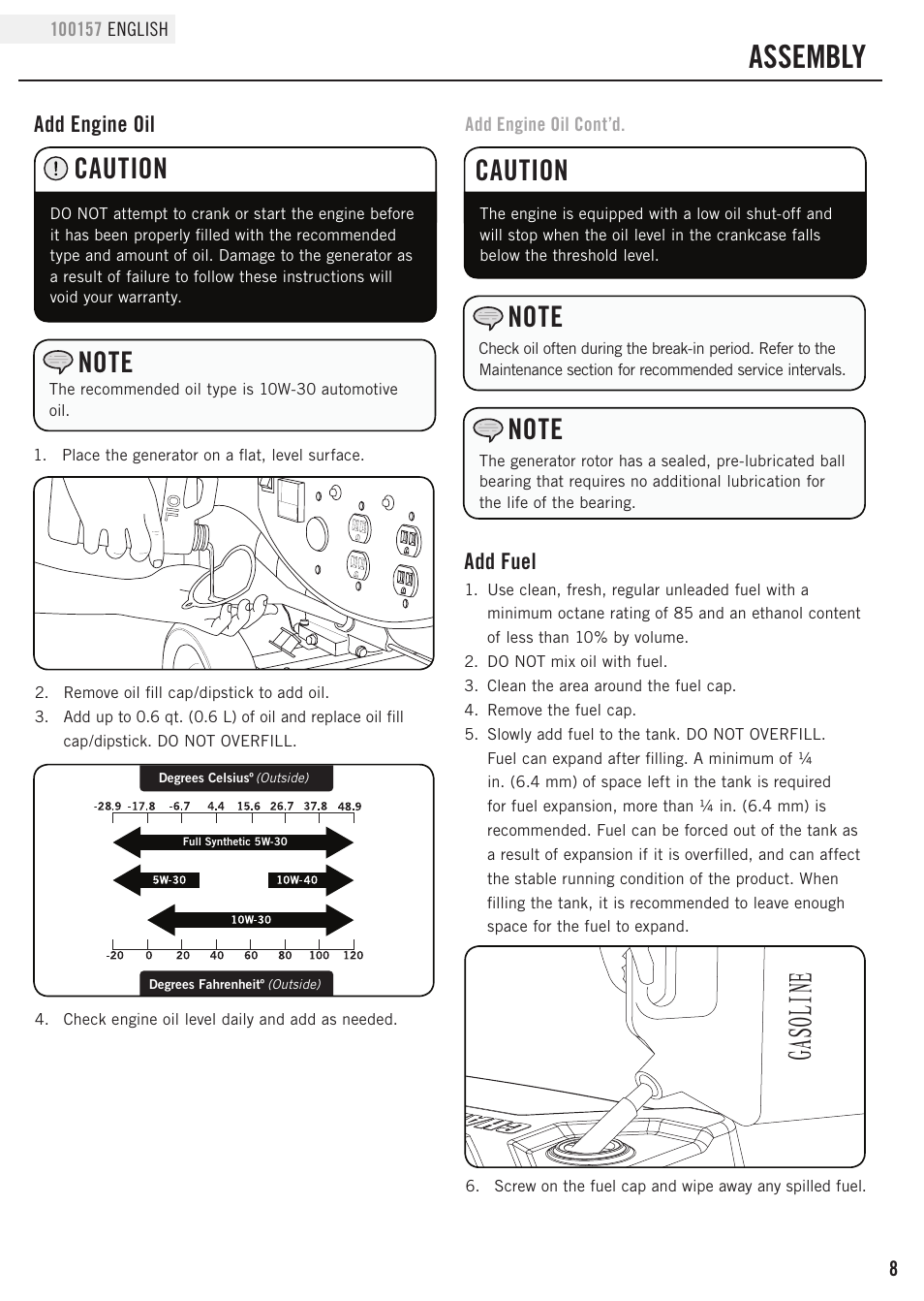 Gas oli ne, Assembly, Caution | Champion Power Equipment 100157 User Manual | Page 11 / 29