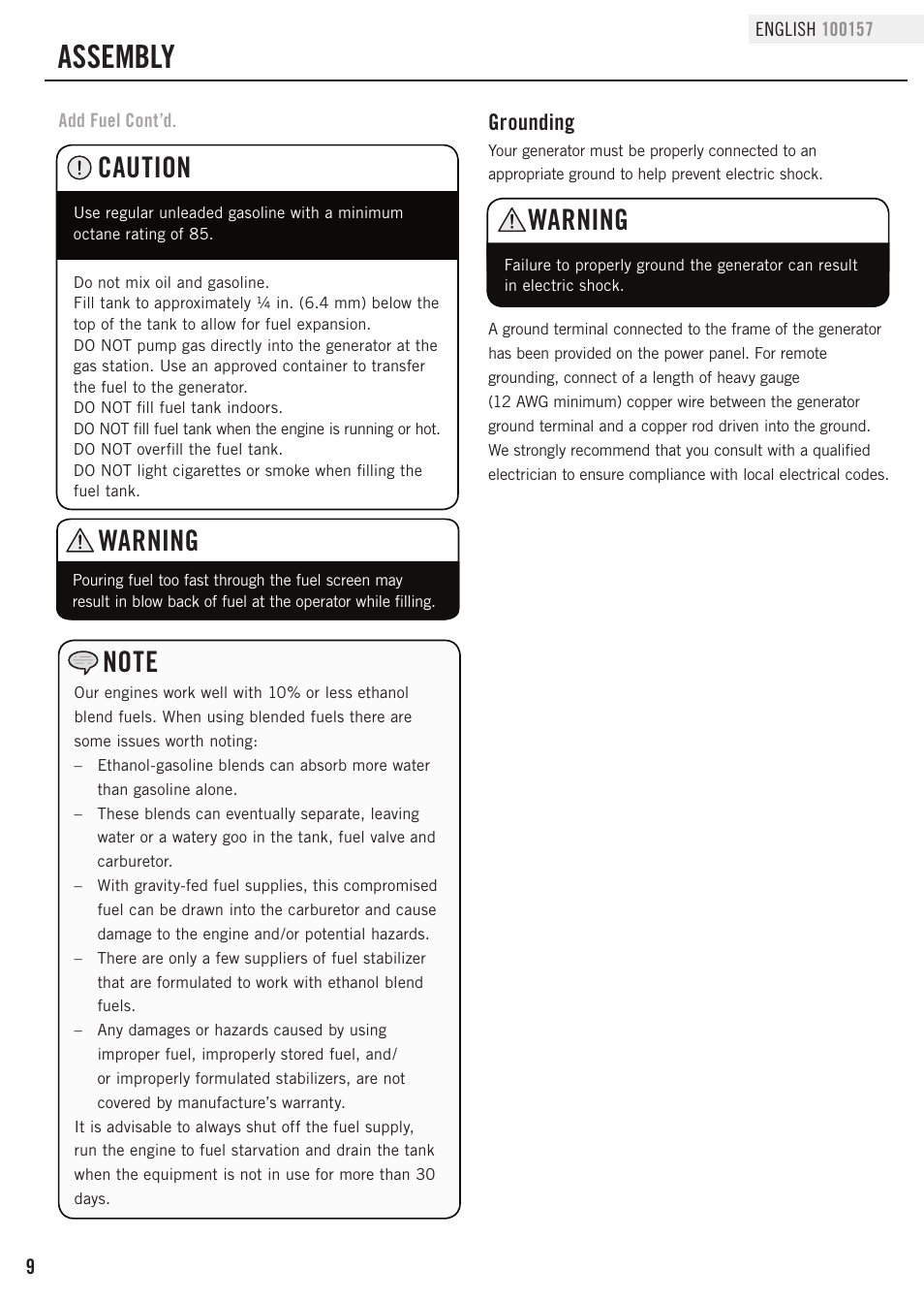 Assembly, Warning, Caution | Grounding | Champion Power Equipment 100157 User Manual | Page 12 / 29