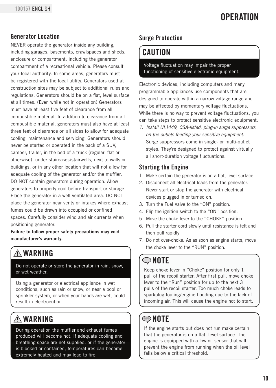 Operation, Warning, Caution | Champion Power Equipment 100157 User Manual | Page 13 / 29