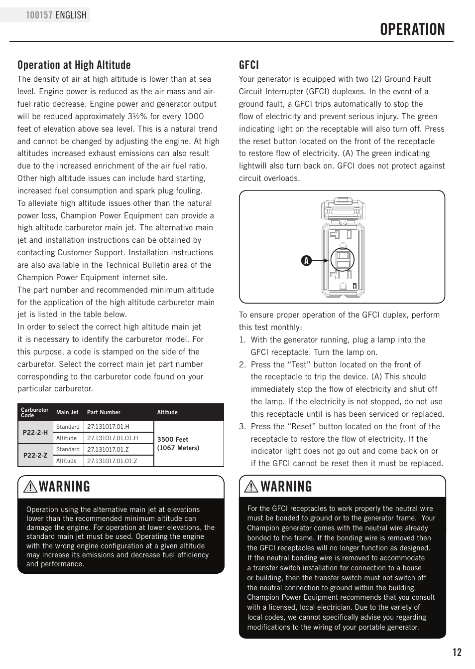 Operation, Warning, Gfci | Operation at high altitude | Champion Power Equipment 100157 User Manual | Page 15 / 29