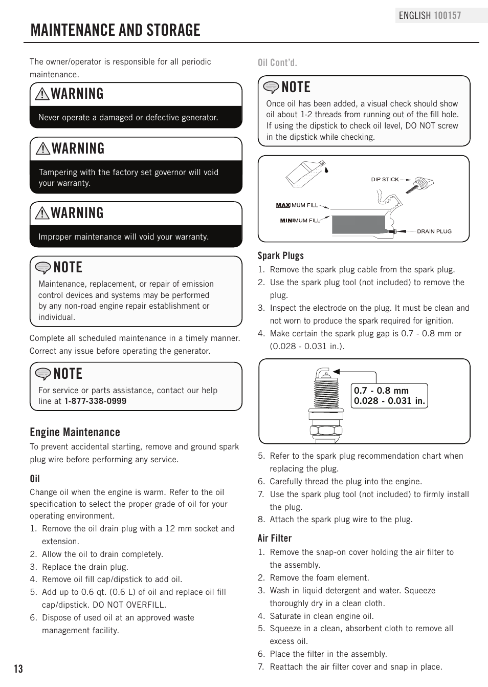 Maintenance and storage, Warning, Engine maintenance | Champion Power Equipment 100157 User Manual | Page 16 / 29