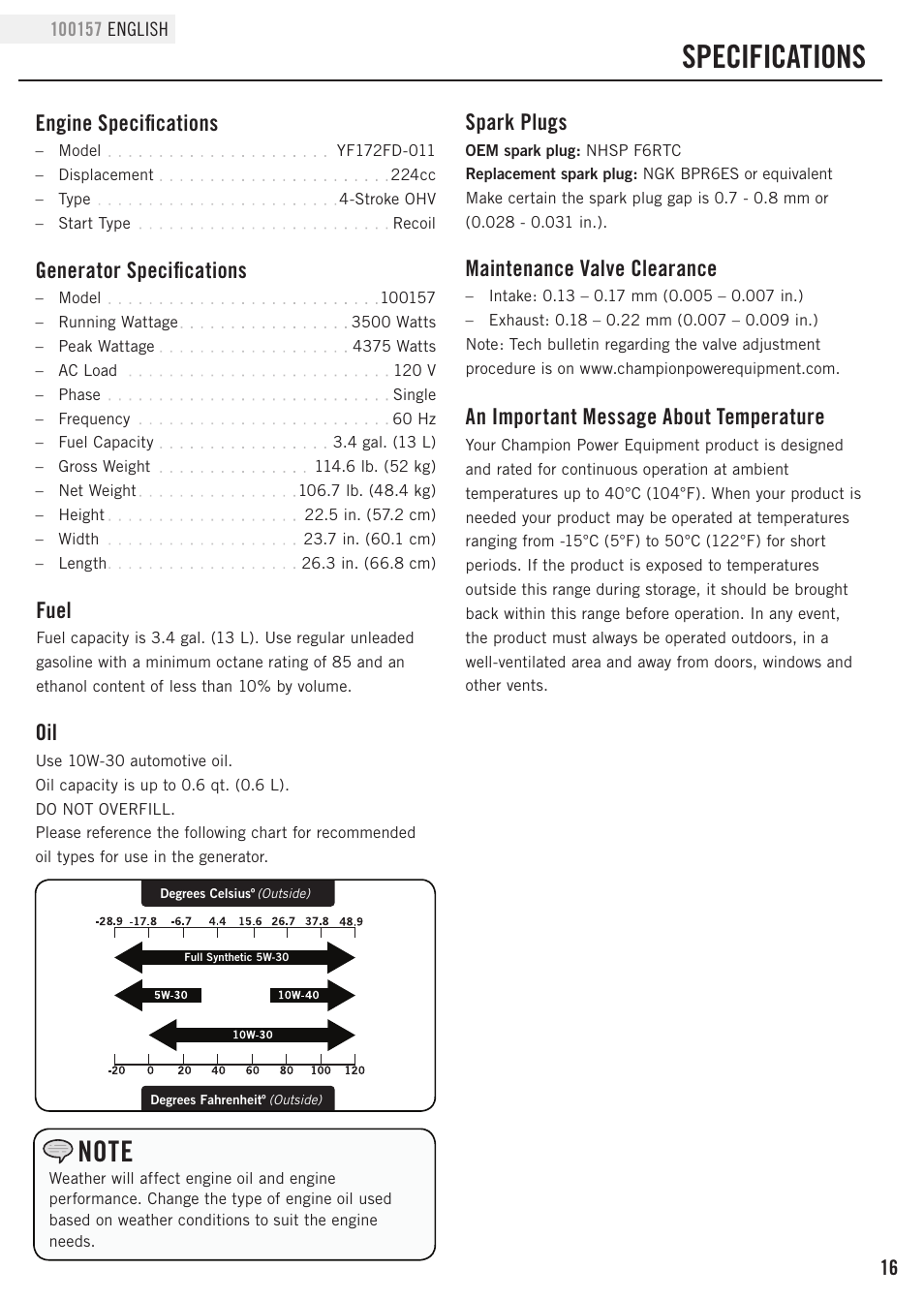 Specifications, Engine specifications, Generator specifications | Fuel, An important message about temperature, Maintenance valve clearance, Spark plugs | Champion Power Equipment 100157 User Manual | Page 19 / 29