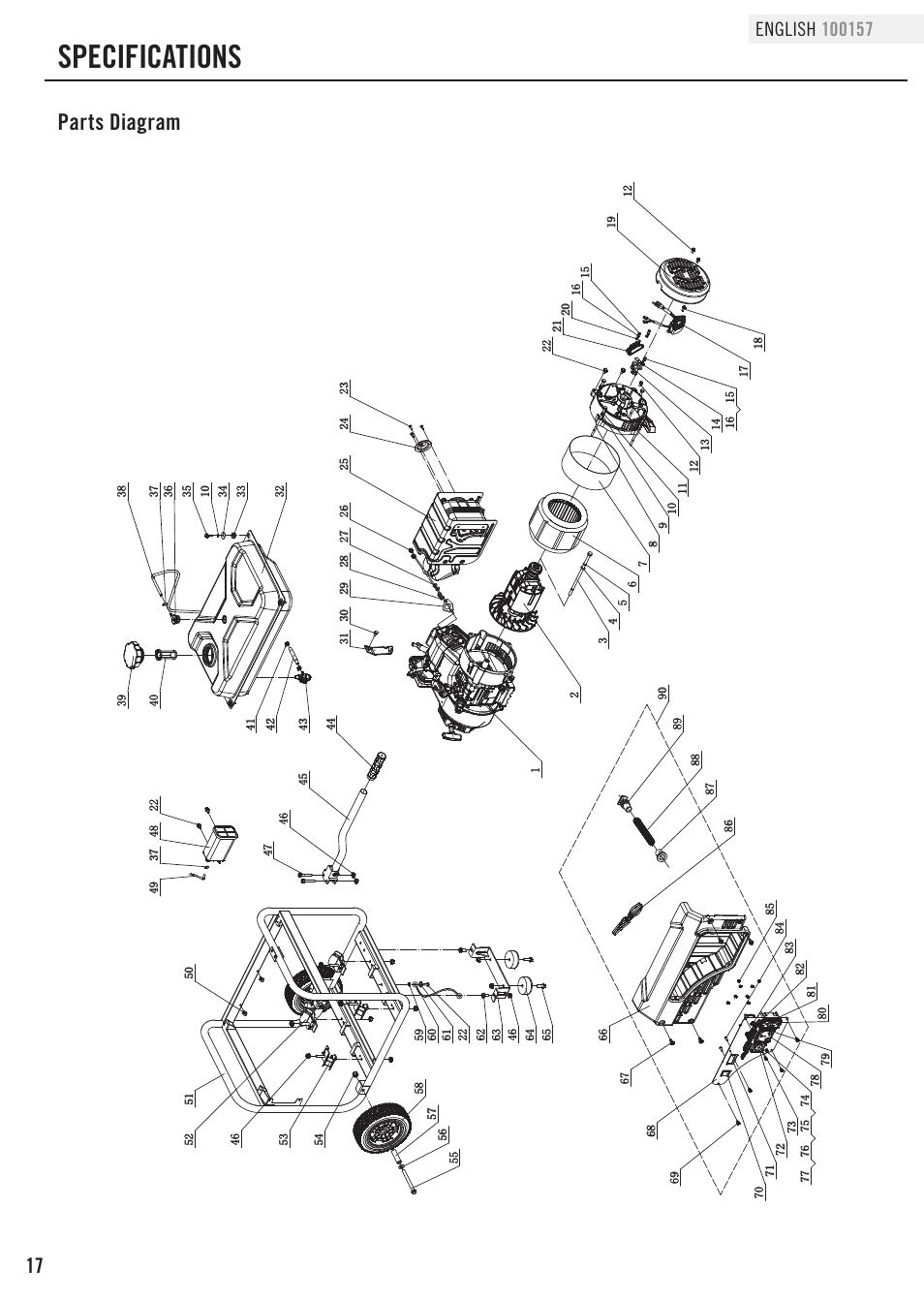 Specifications, Parts diagram | Champion Power Equipment 100157 User Manual | Page 20 / 29